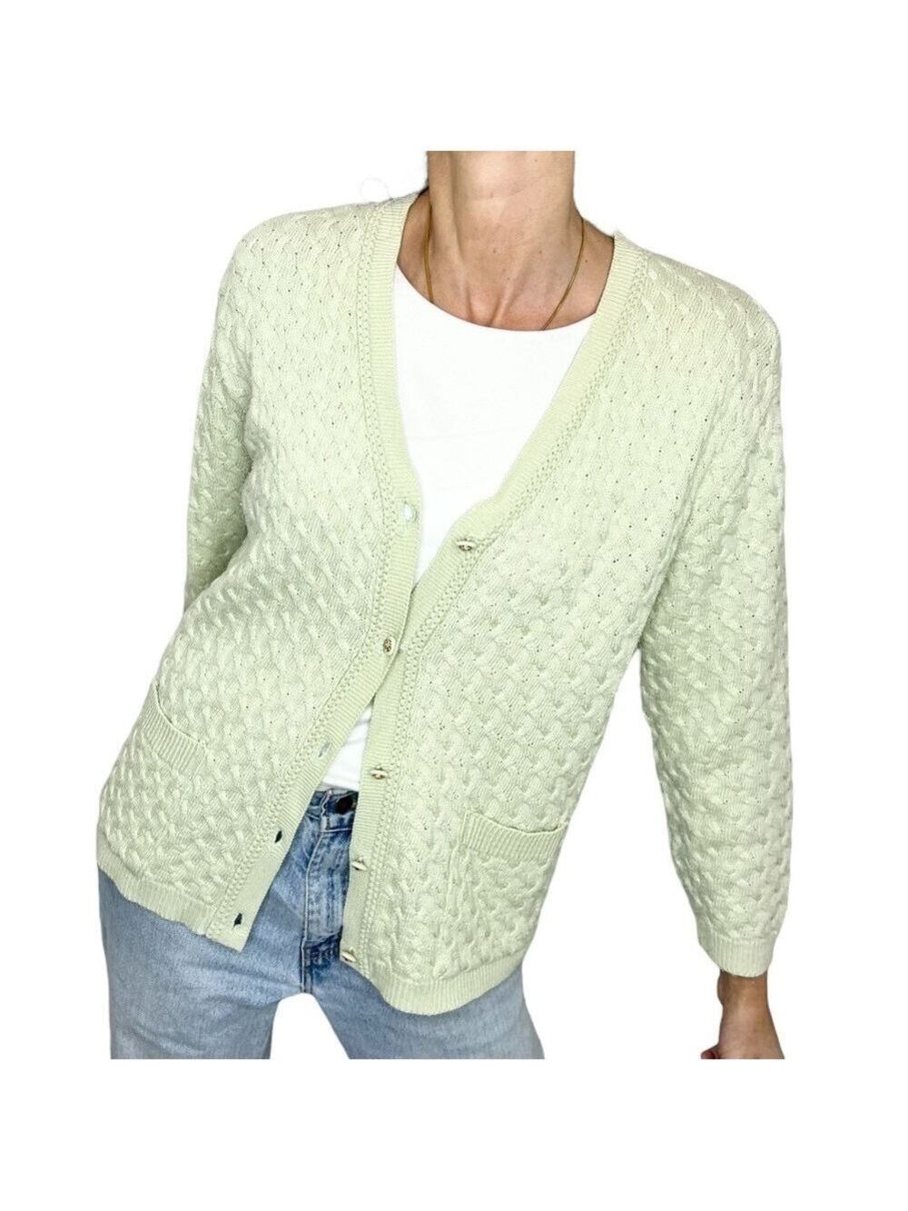 Vintage old money pale mint green cable knit grandma cardigan sweater
